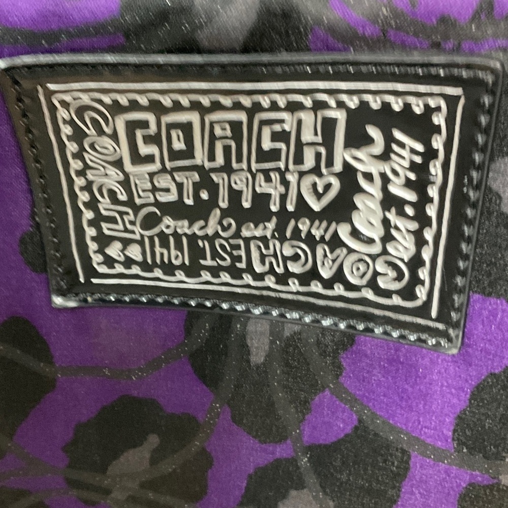 Coach Black and Purple EUC Animal Print Tote, small cracks on handles. - Picture 2 of 6